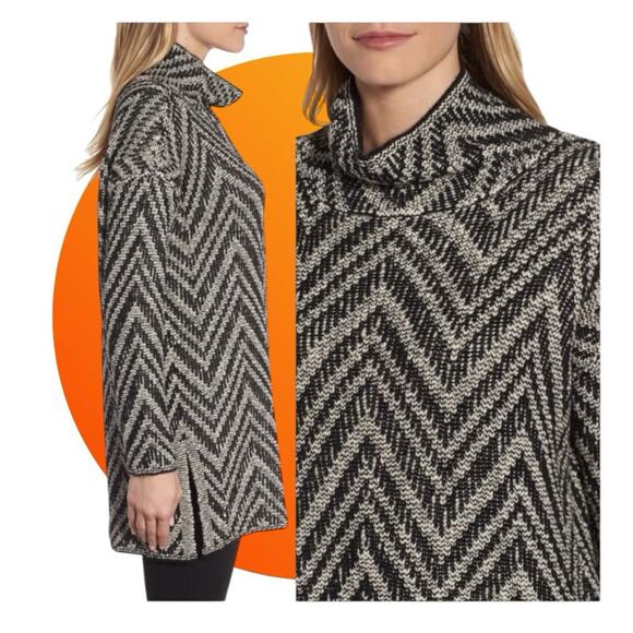 Eileen Fisher Scrunch Neck Tunic Top Sweater Dress Black Ivory Chevron XL NWT - Picture 3 of 9